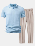 Set – elegantní geometrický jacquard polo a slim kalhoty