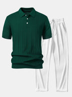 Set – pruhované jacquard polo pletené tričko a rovné kalhoty