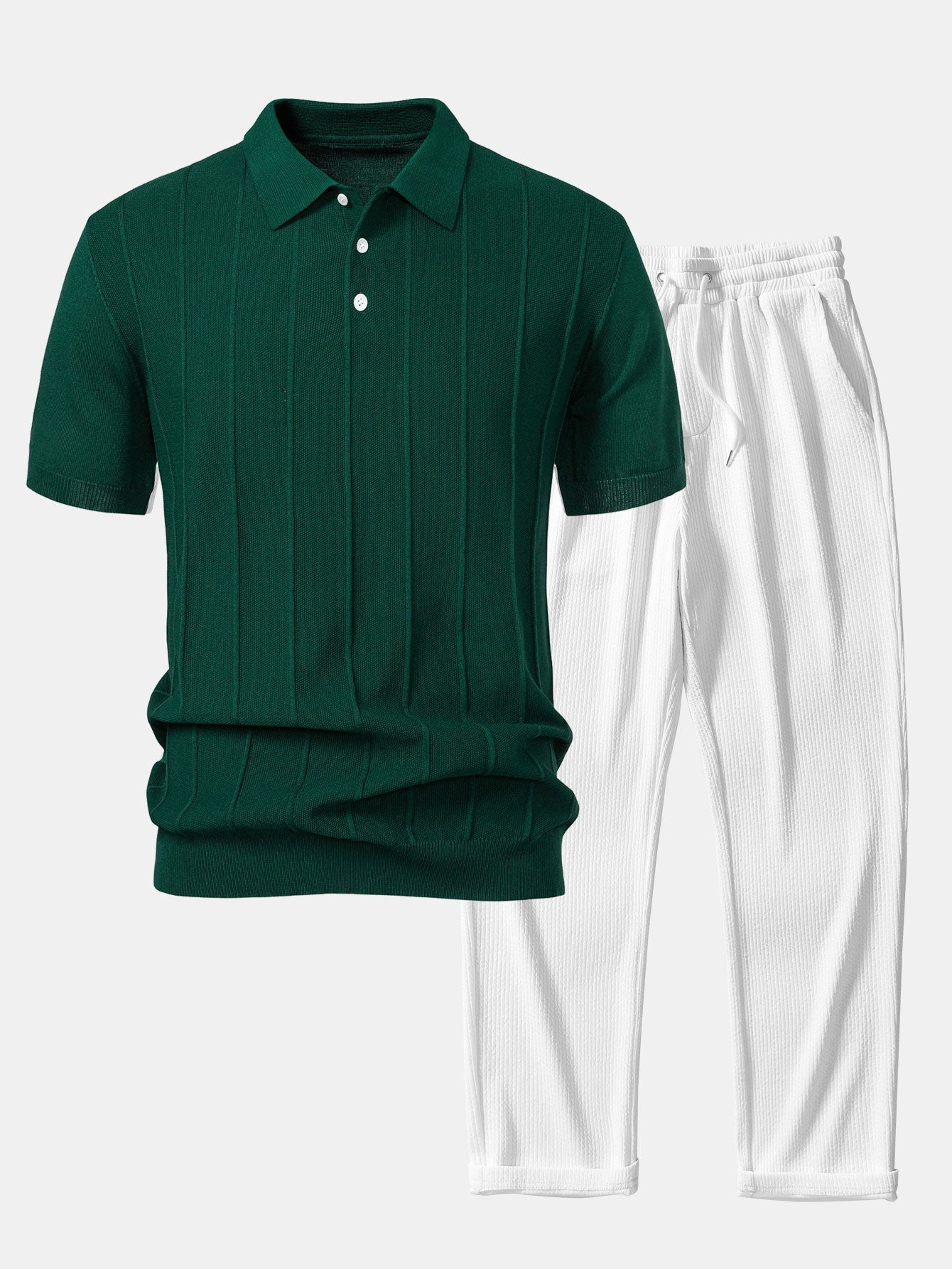 Set – pruhované jacquard polo pletené tričko a rovné kalhoty