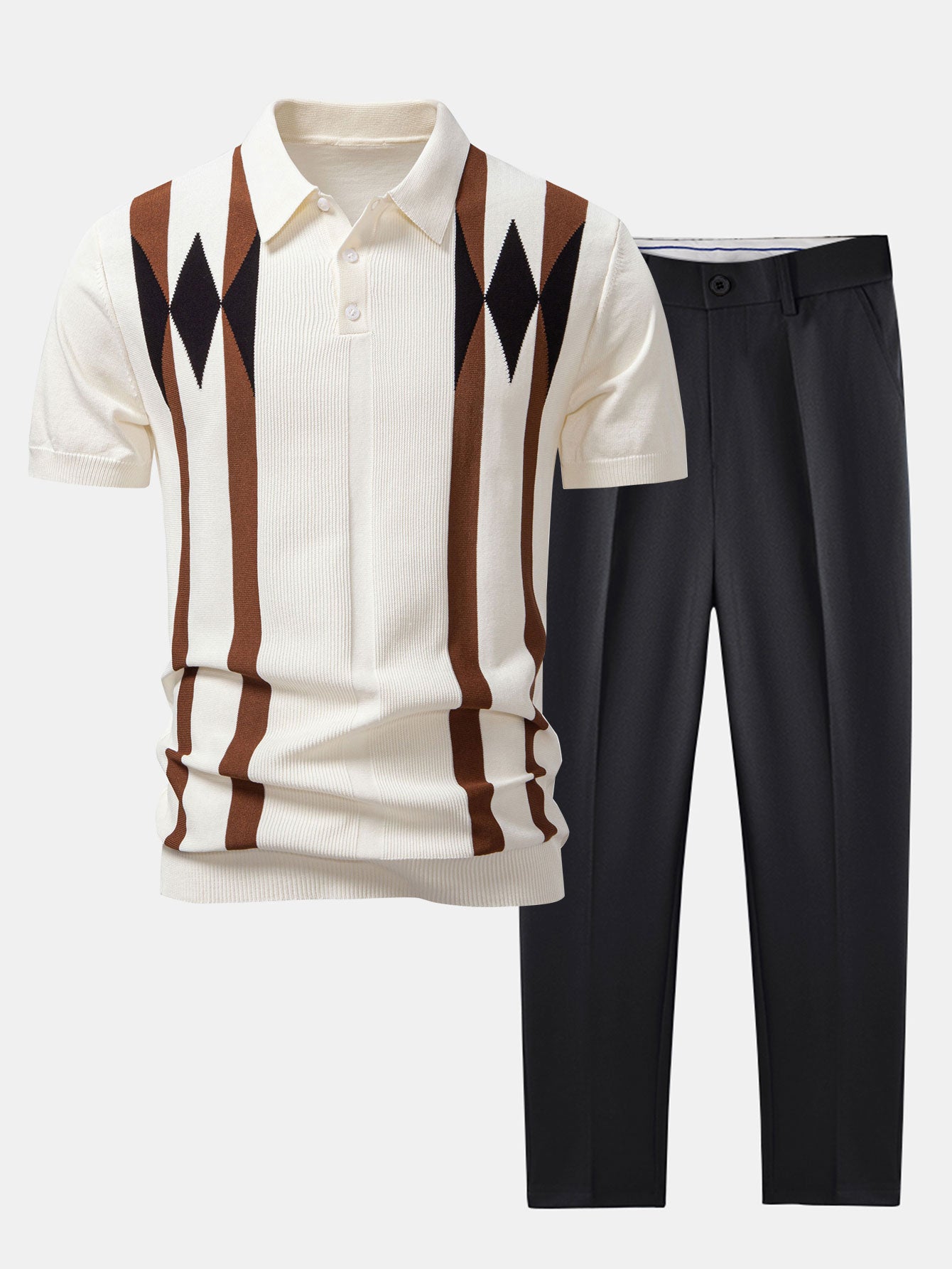 Set – geometrický jacquard polo a slim fit kalhoty