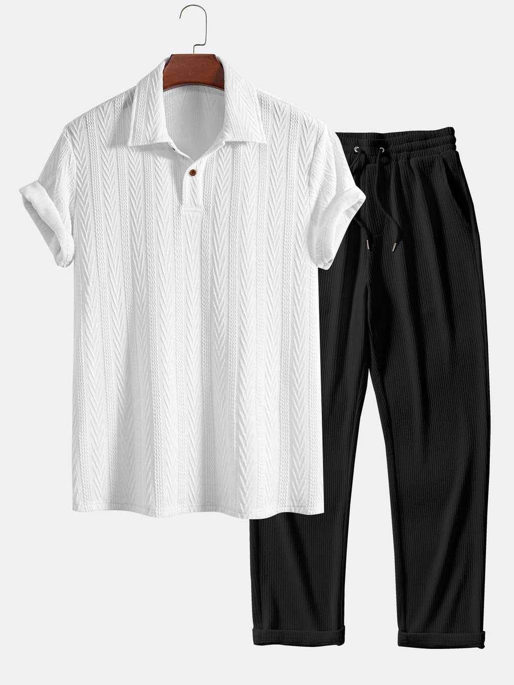 Set – jacquard polo s krátkým rukávem a rovné kalhoty