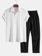 Set – jacquard polo s krátkým rukávem a rovné kalhoty