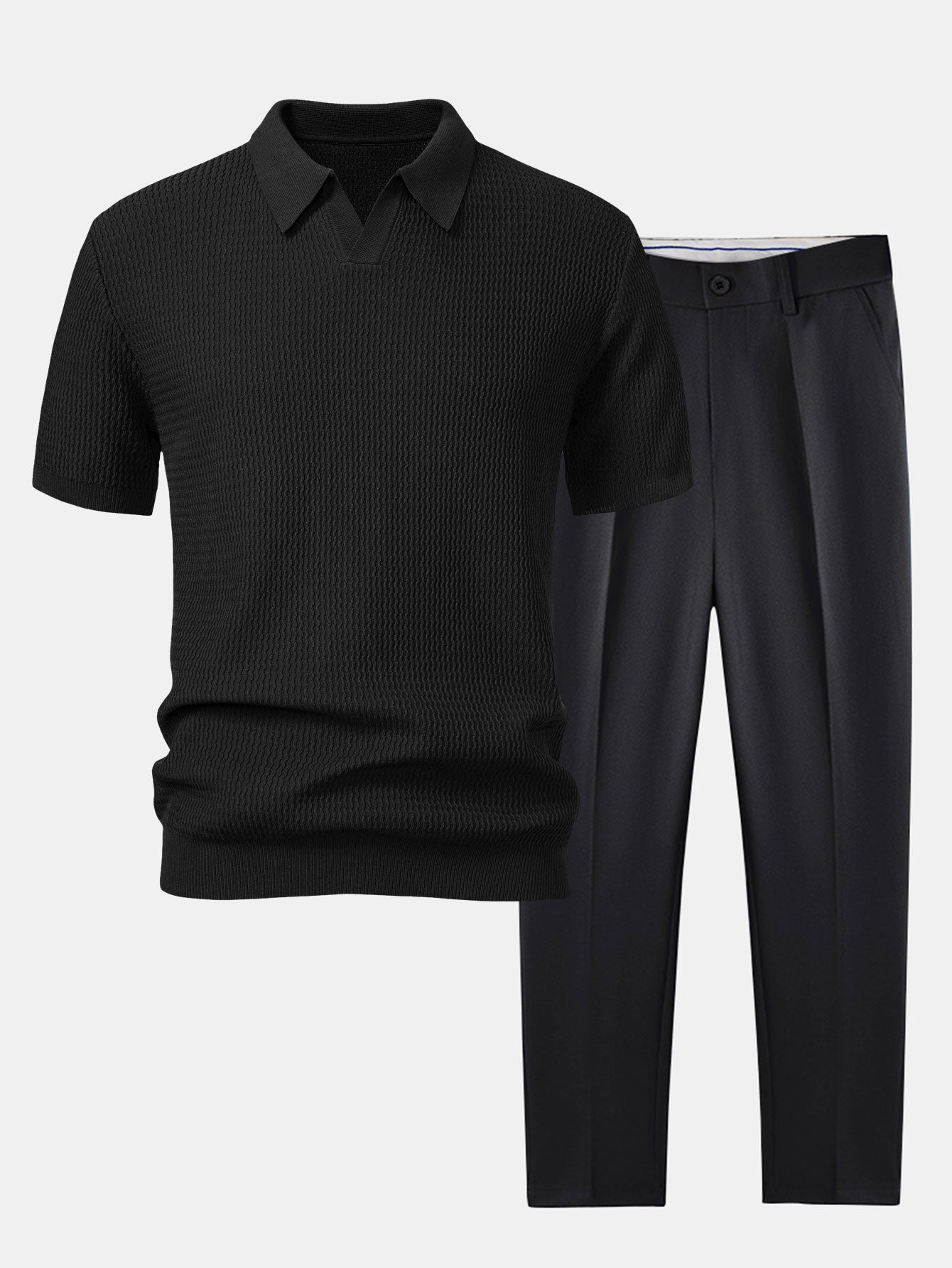 Set – pletené jacquard polo a slim tapered kalhoty