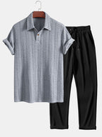 Set – jacquard polo s krátkým rukávem a rovné kalhoty
