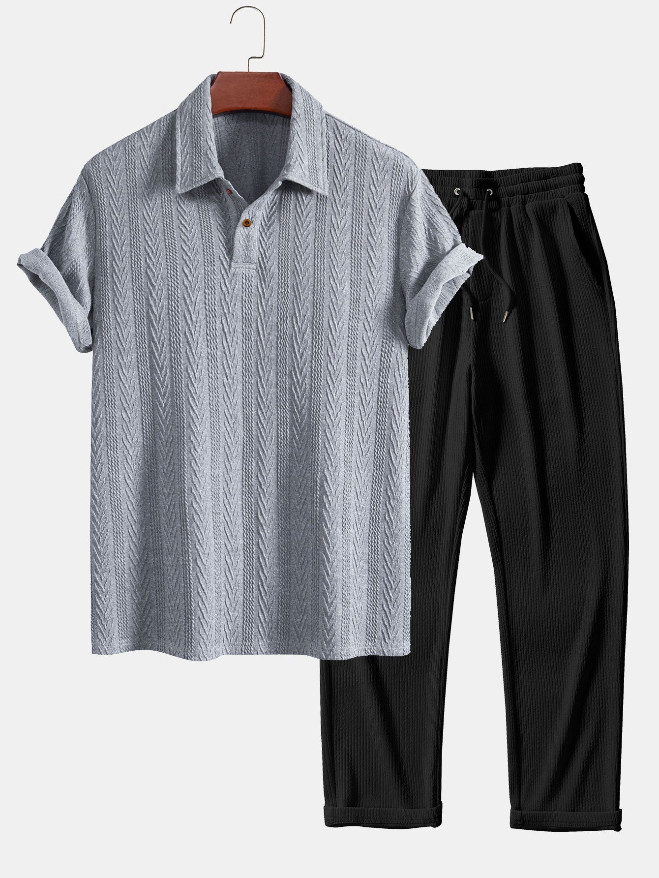 Set – jacquard polo s krátkým rukávem a rovné kalhoty