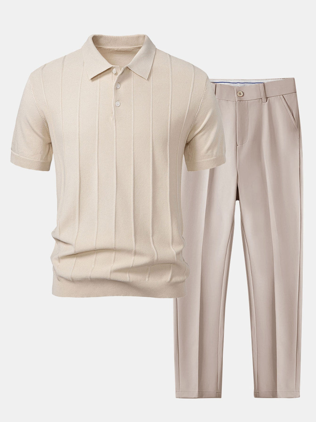 Set – pruhované jacquard polo pletené tričko a slim kalhoty