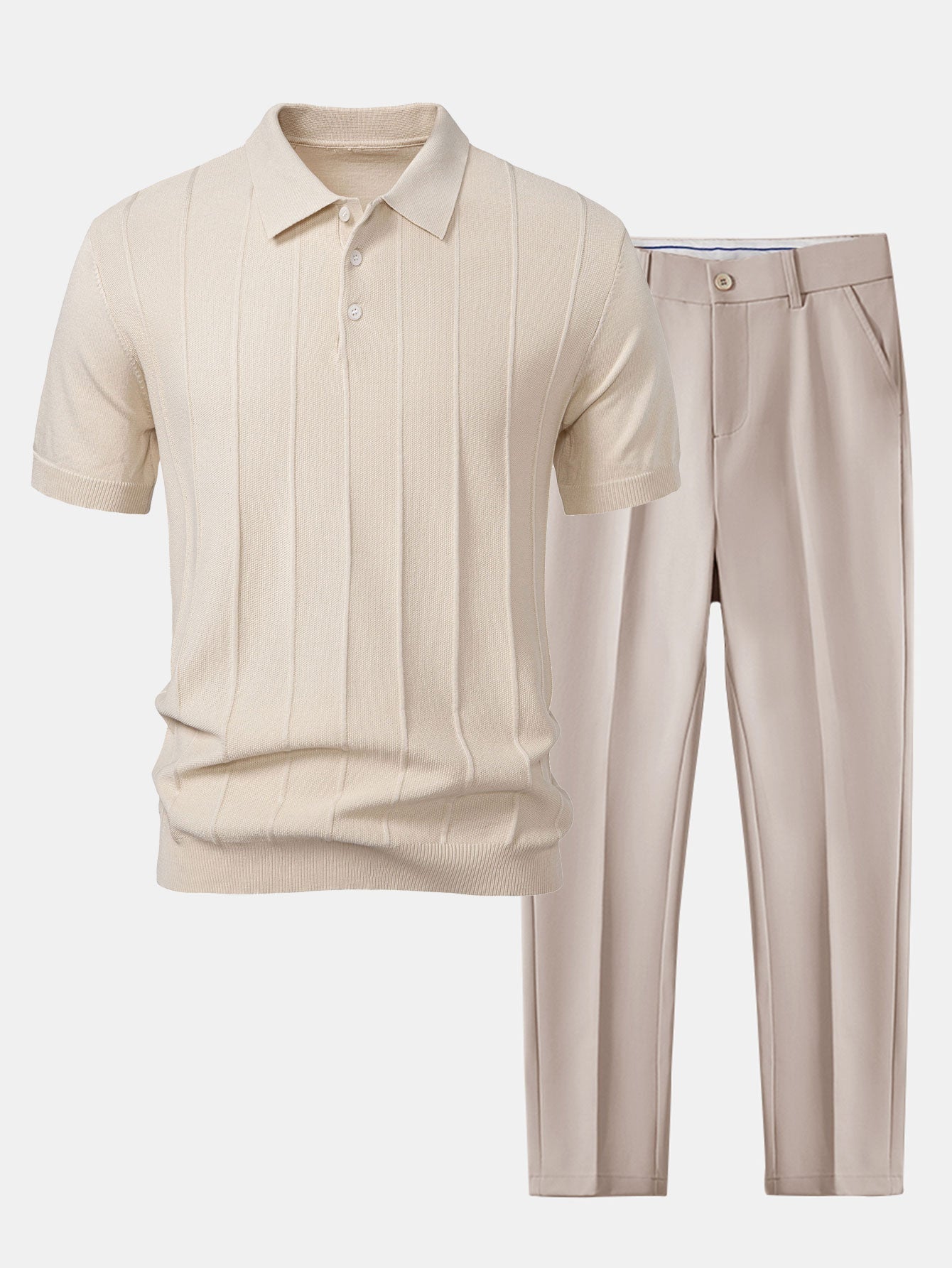 Set – pruhované jacquard polo pletené tričko a slim kalhoty