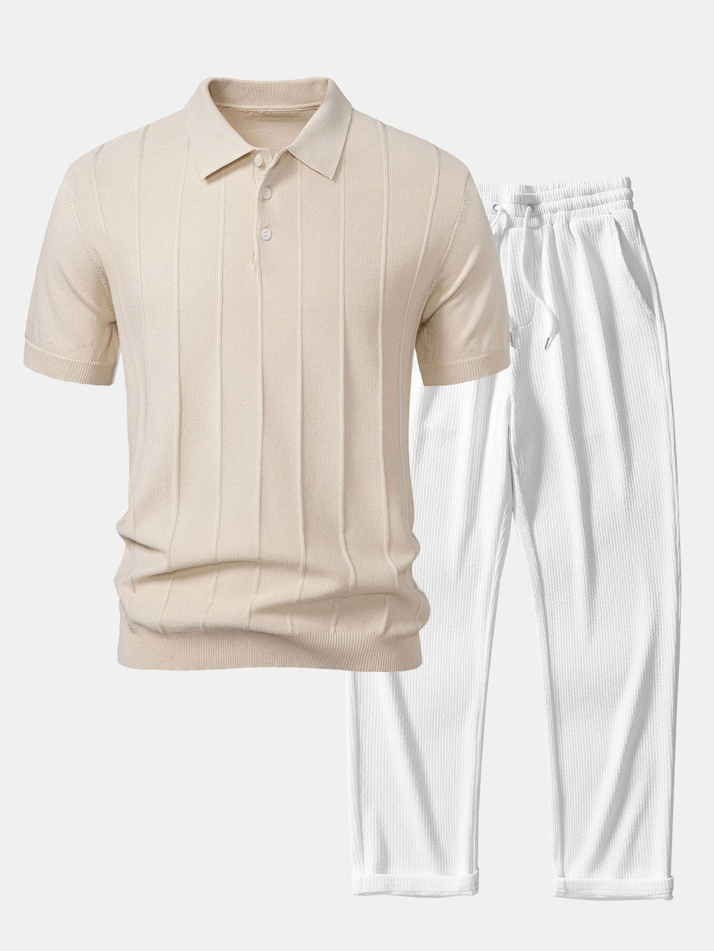 Set – pruhované jacquard polo pletené tričko a rovné kalhoty