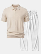 Set – pruhované jacquard polo pletené tričko a rovné kalhoty