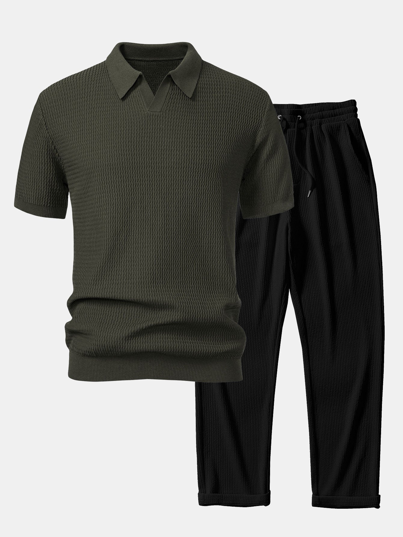 Set – V-výstřih jacquard polo svetr a rovné žebrované kalhoty
