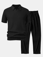 Set – V-výstřih jacquard polo svetr a rovné žebrované kalhoty