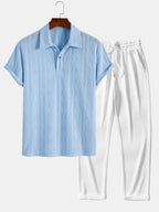 Set – geometrický jacquard polo a rovné kalhoty