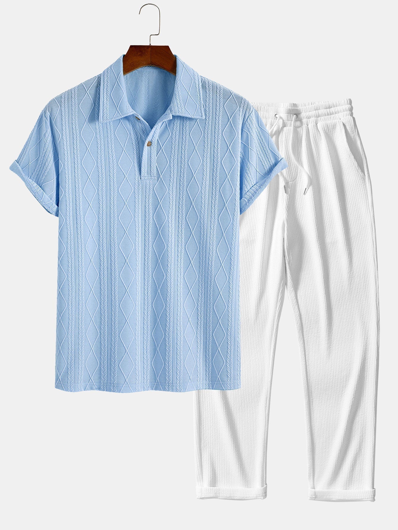 Set – geometrický jacquard polo a rovné kalhoty