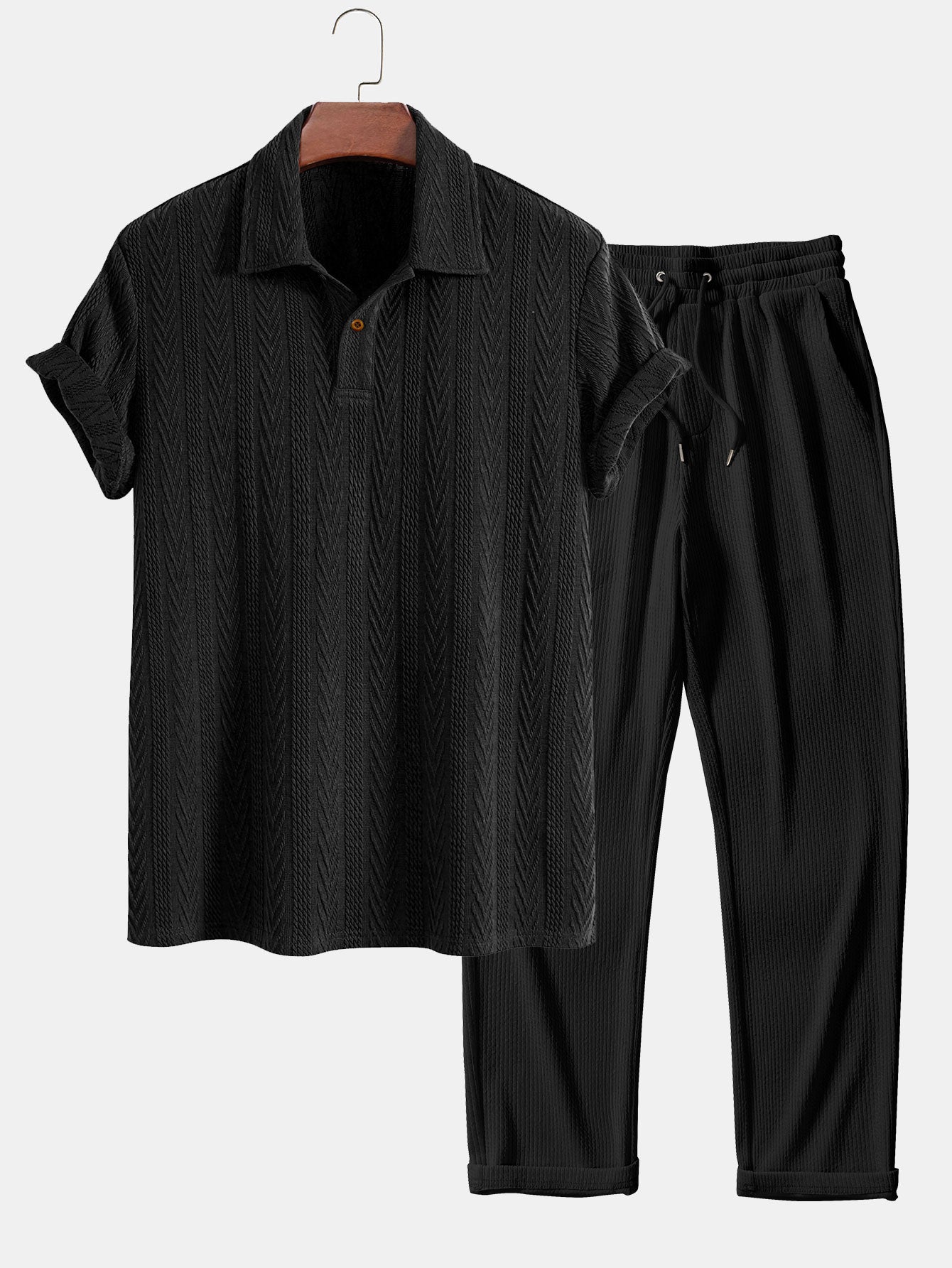 Set – jacquard polo s krátkým rukávem a rovné kalhoty