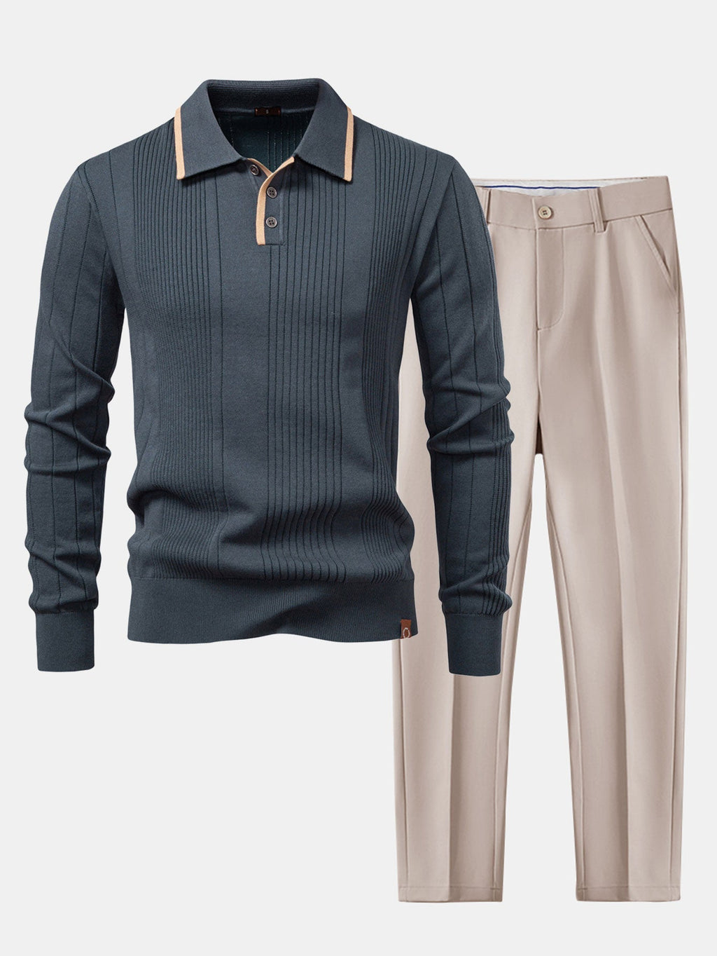 Set – jacquard polo pletené tričko a slim přiléhavé kalhoty