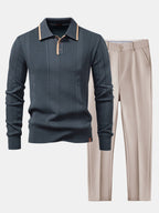 Set – jacquard polo pletené tričko a slim přiléhavé kalhoty