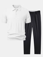 Set – pruhované jacquard polo pletené tričko a slim kalhoty