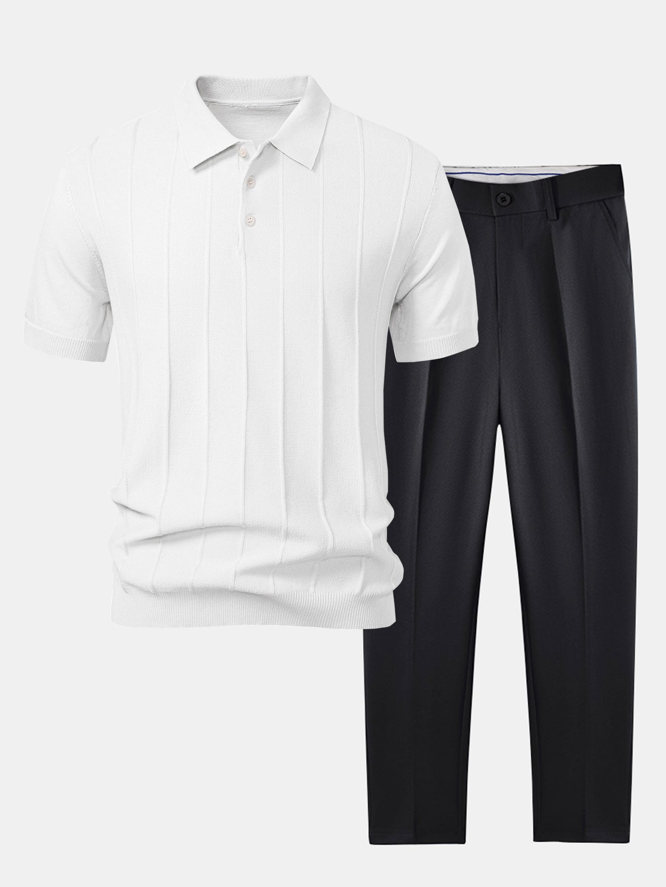 Set – pruhované jacquard polo pletené tričko a slim kalhoty