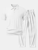Set – pruhované jacquard polo pletené tričko a rovné kalhoty