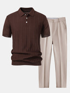 Set – pruhované jacquard polo pletené tričko a slim kalhoty