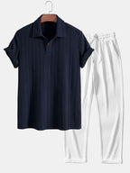 Set – jacquard polo s krátkým rukávem a rovné kalhoty