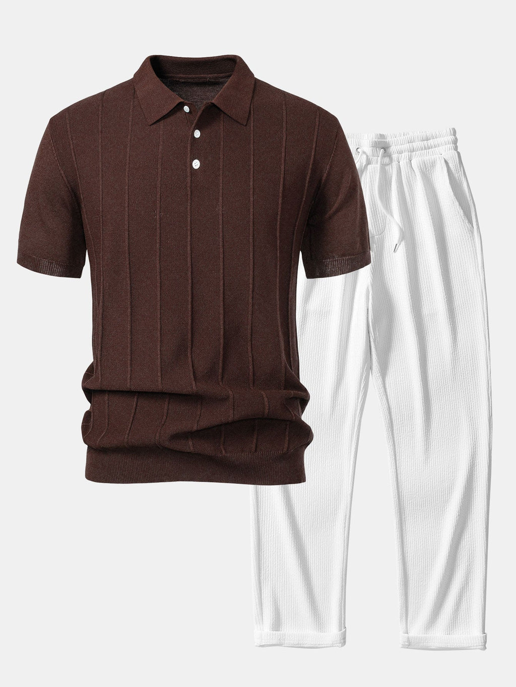Set – pruhované jacquard polo pletené tričko a rovné kalhoty