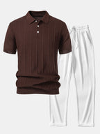 Set – pruhované jacquard polo pletené tričko a rovné kalhoty