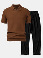 Set – V-výstřih jacquard polo svetr a rovné žebrované kalhoty