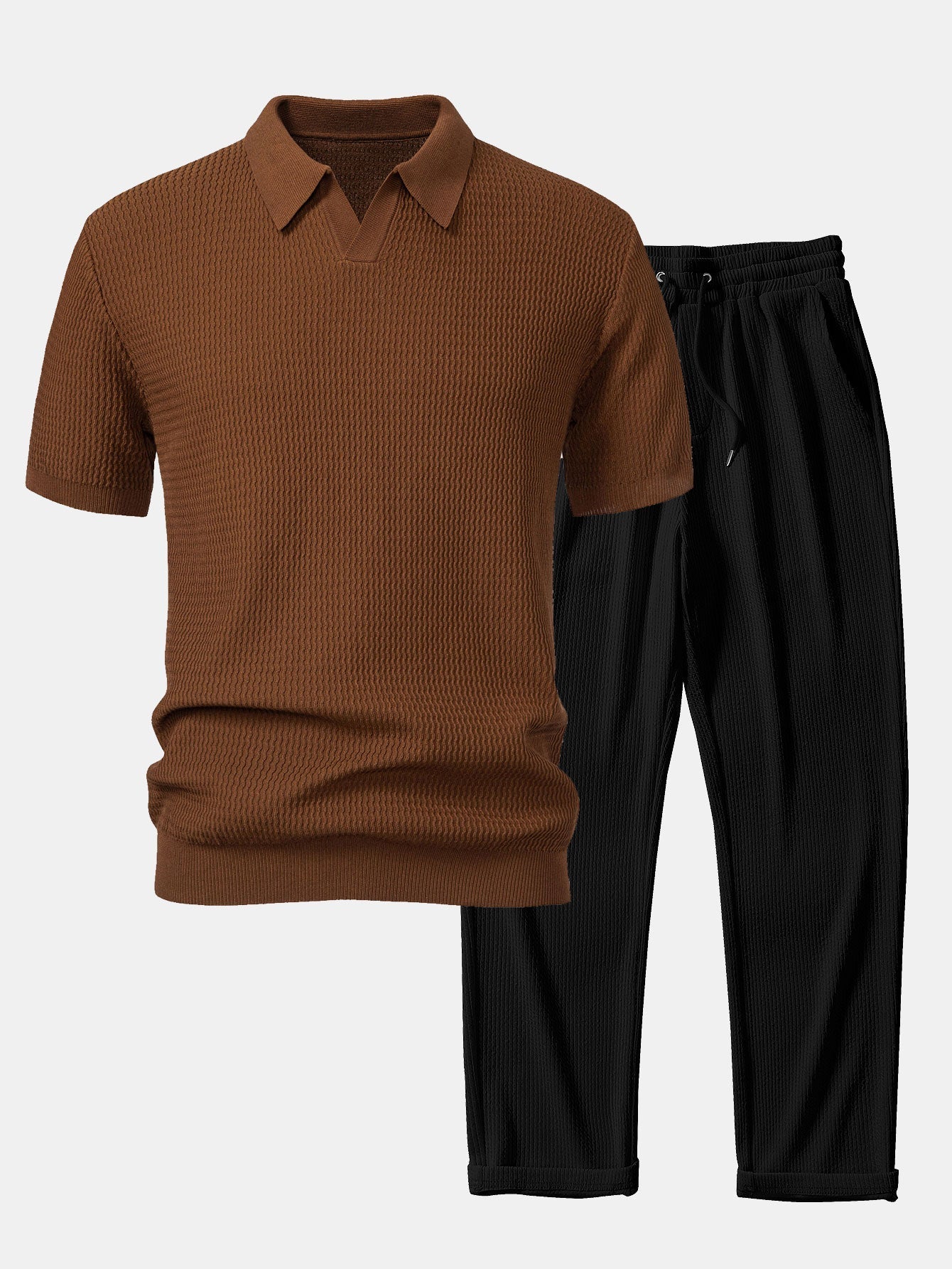 Set – V-výstřih jacquard polo svetr a rovné žebrované kalhoty
