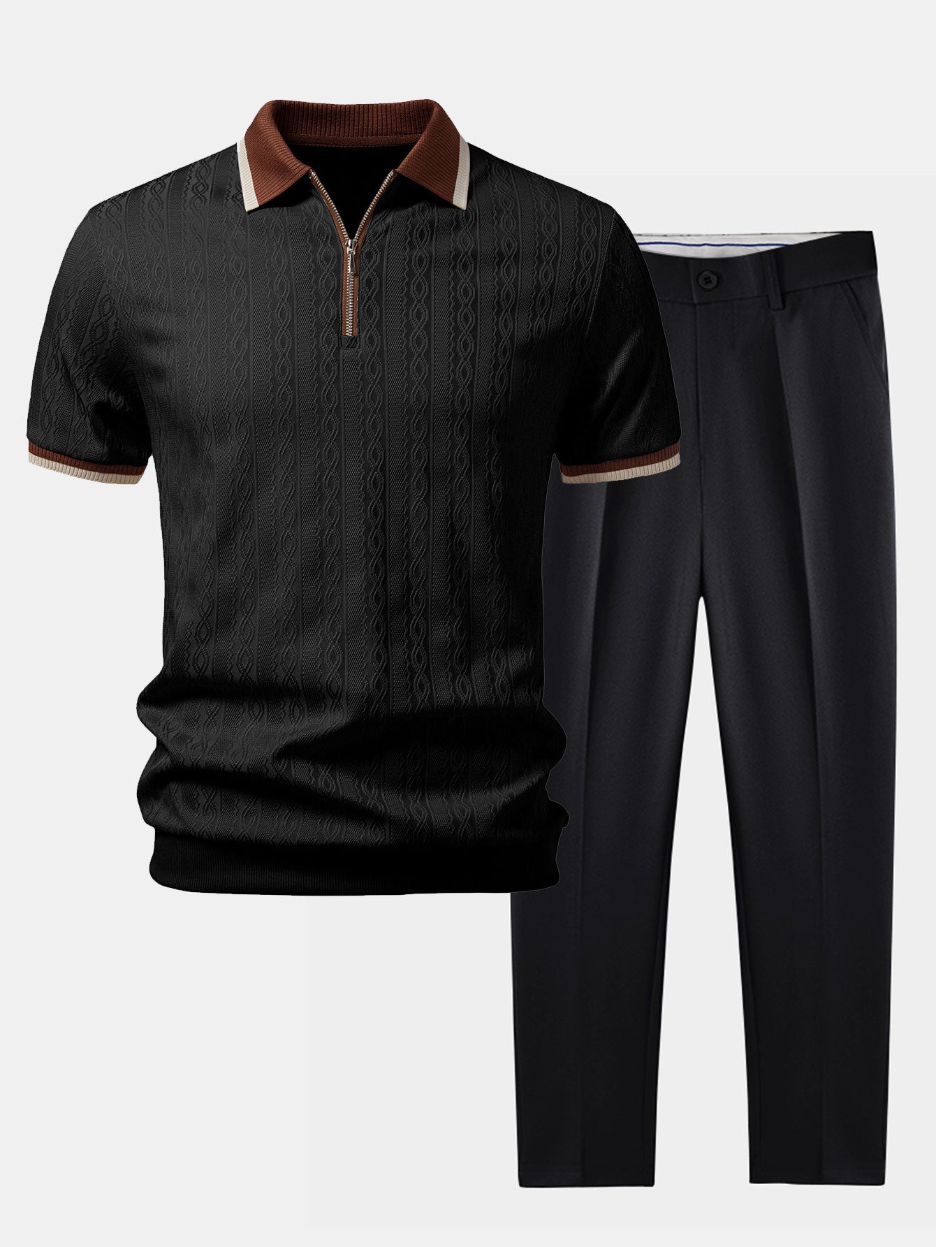 Set – polo pletené tričko na zip a slim kalhoty