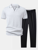 Set – elegantní geometrický jacquard polo a slim kalhoty