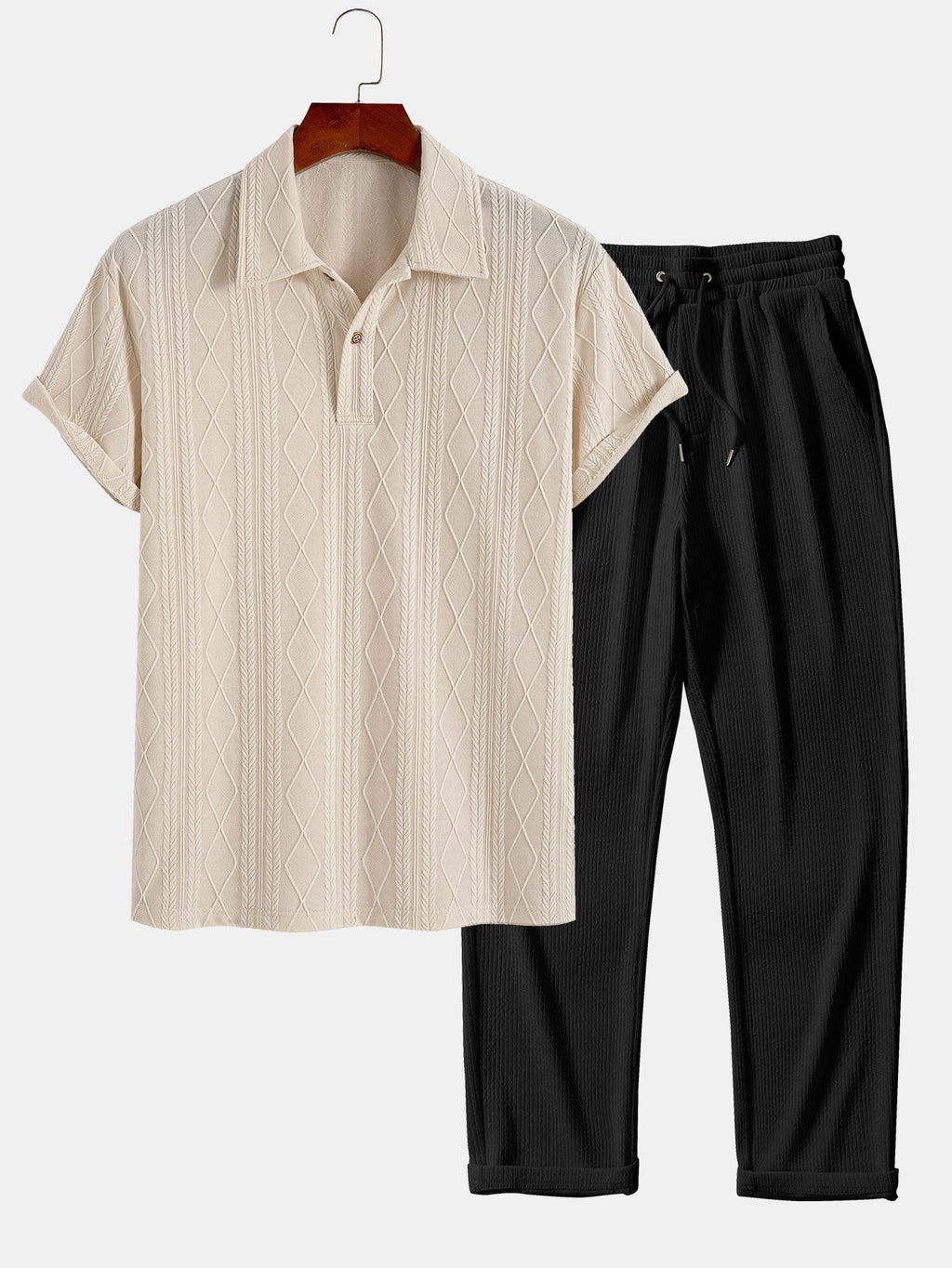 Set – geometrický jacquard polo a rovné kalhoty