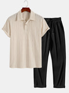 Set – geometrický jacquard polo a rovné kalhoty