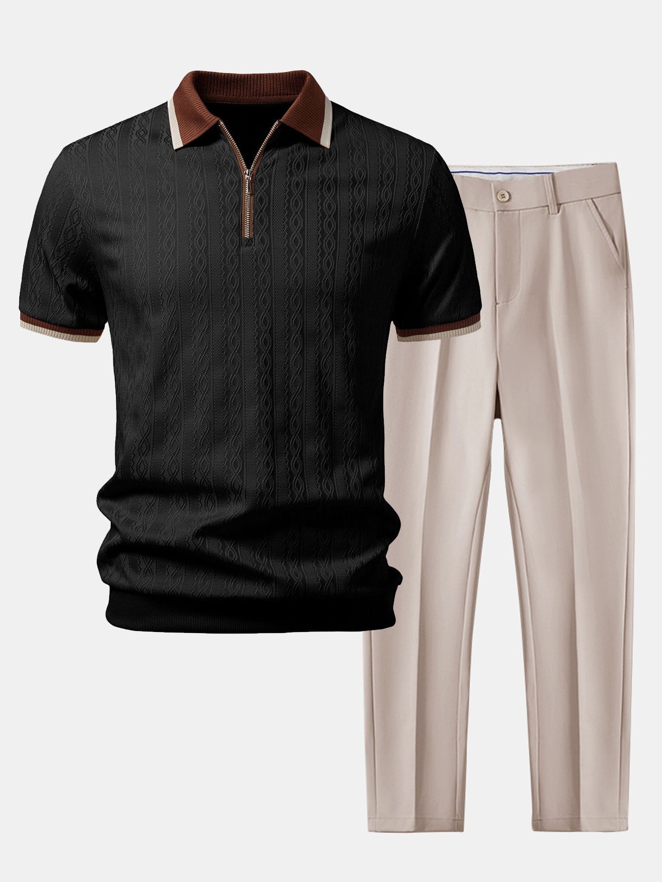 Set – polo pletené tričko na zip a slim kalhoty