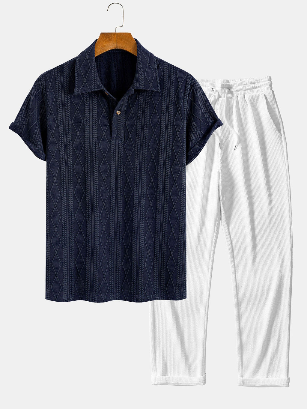 Set – geometrický jacquard polo a rovné kalhoty