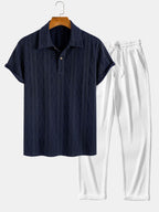 Set – geometrický jacquard polo a rovné kalhoty