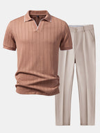 Set – elegantní geometrický jacquard polo a slim kalhoty