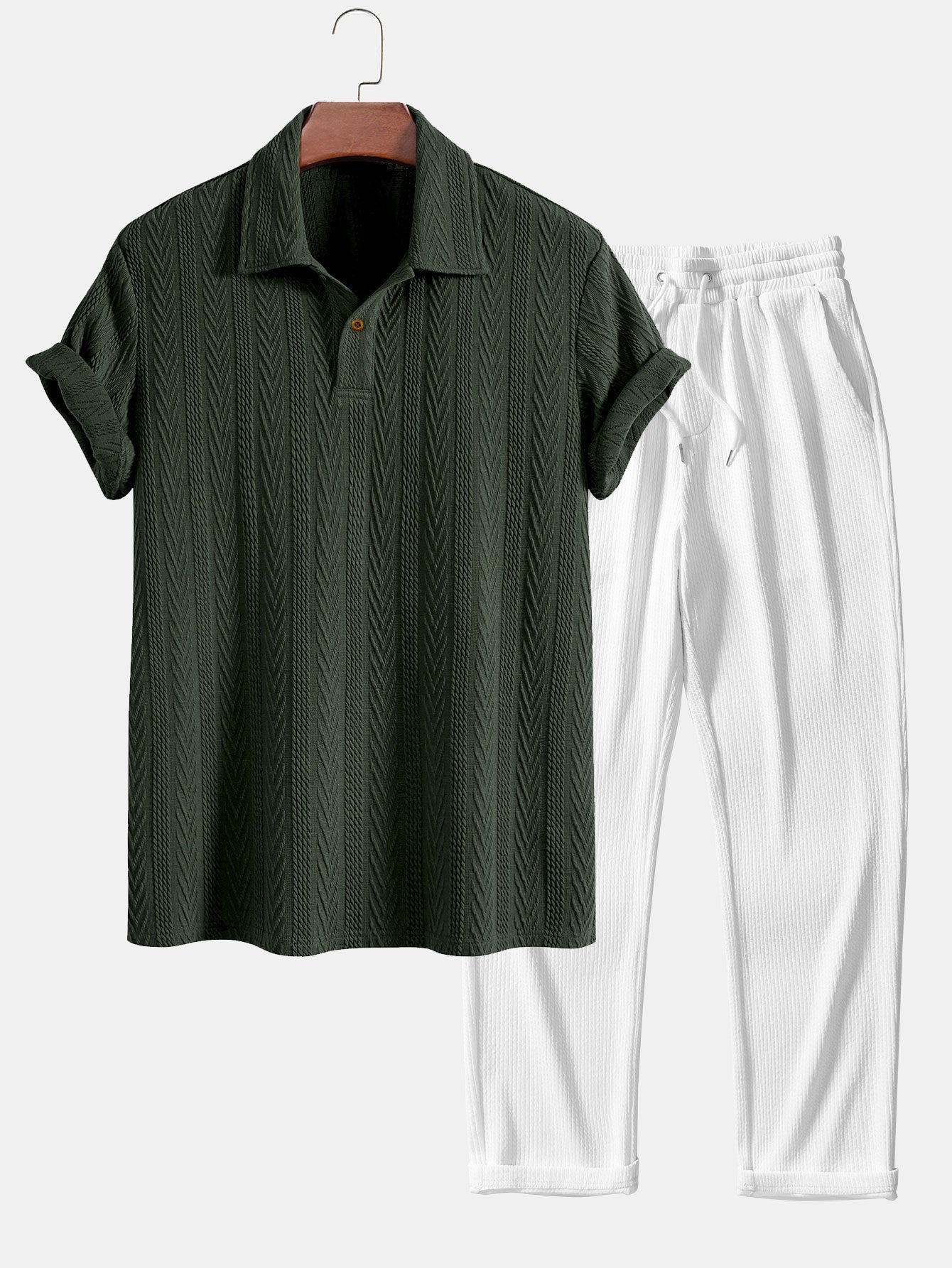Set – jacquard polo s krátkým rukávem a rovné kalhoty
