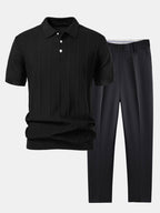 Set – pruhované jacquard polo pletené tričko a slim kalhoty