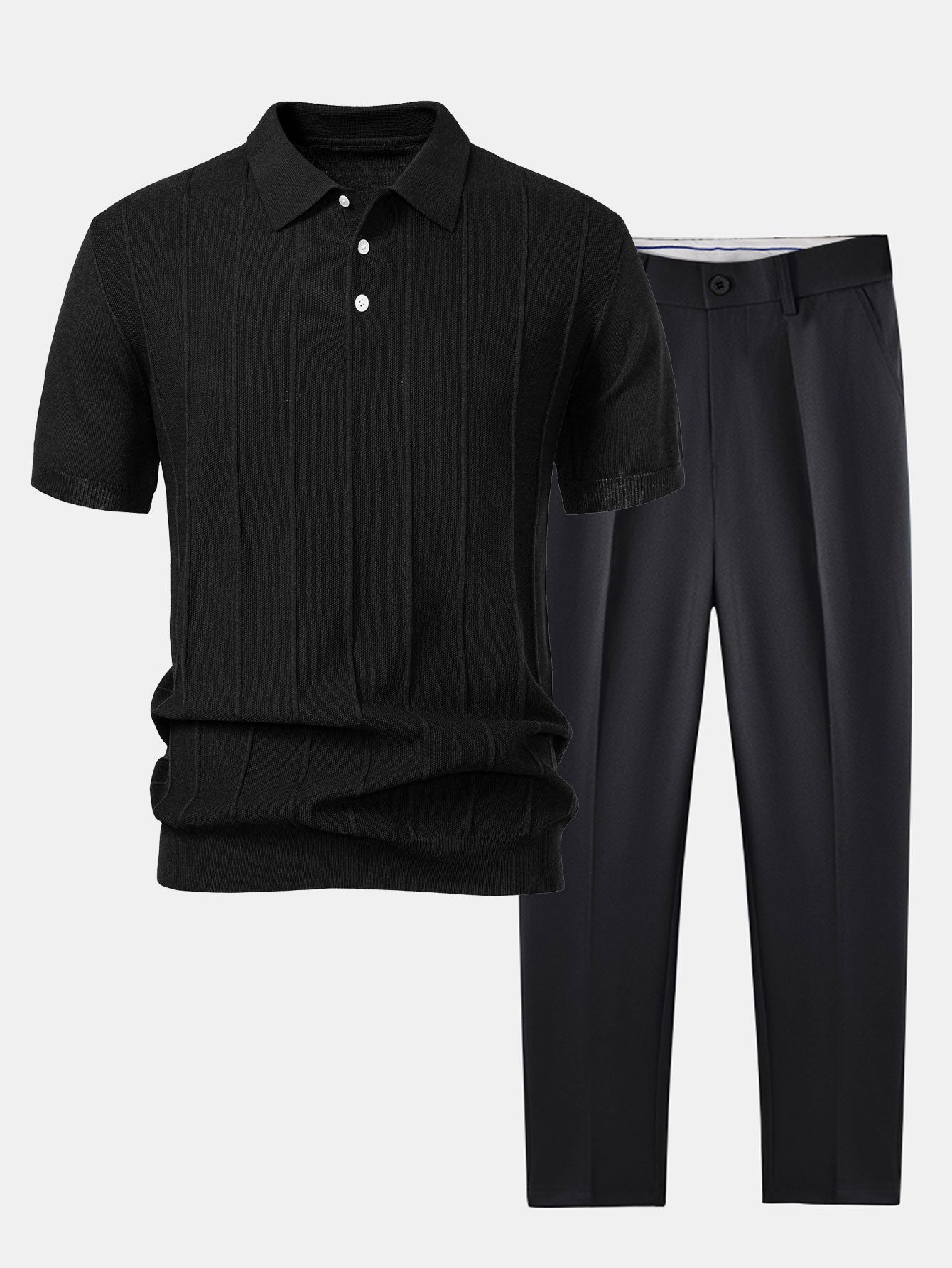 Set – pruhované jacquard polo pletené tričko a slim kalhoty
