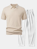 Set – V-výstřih jacquard polo svetr a rovné žebrované kalhoty