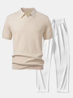Set – V-výstřih jacquard polo svetr a rovné žebrované kalhoty
