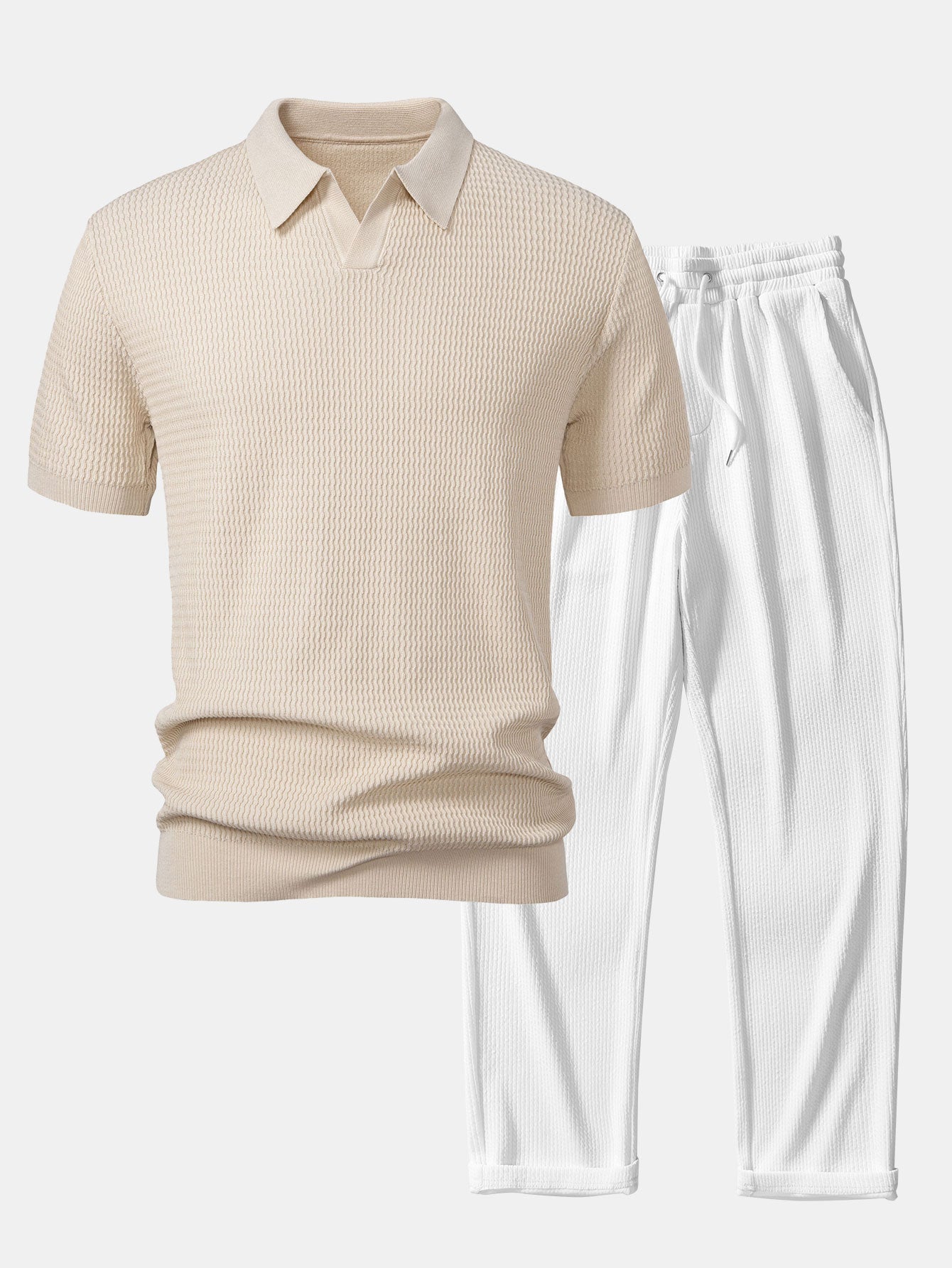 Set – V-výstřih jacquard polo svetr a rovné žebrované kalhoty