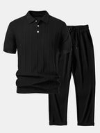 Set – pruhované jacquard polo pletené tričko a rovné kalhoty