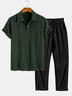 Set – geometrický jacquard polo a rovné kalhoty
