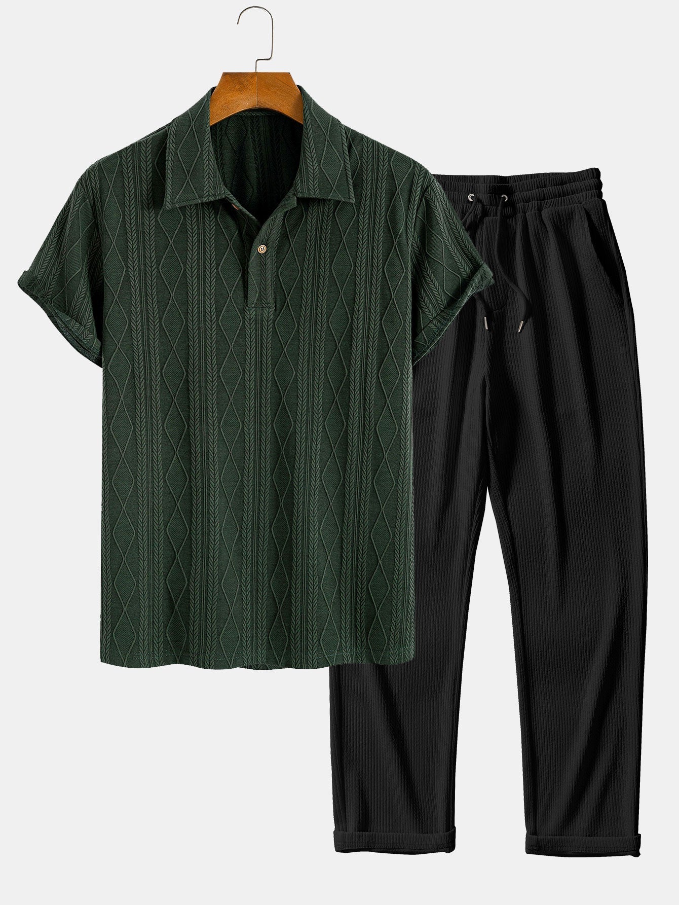 Set – geometrický jacquard polo a rovné kalhoty
