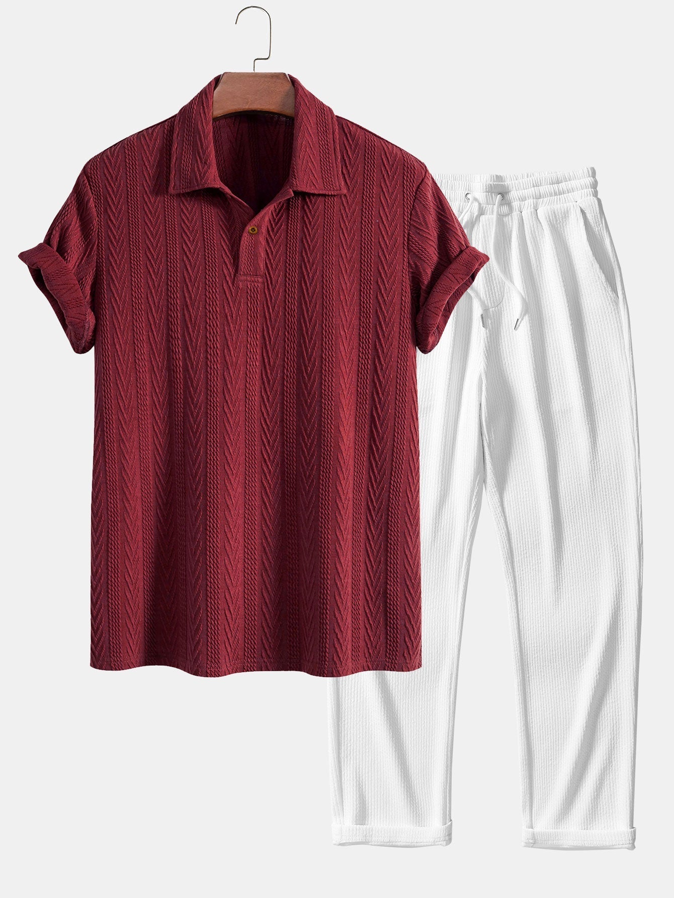 Set – jacquard polo s krátkým rukávem a rovné kalhoty