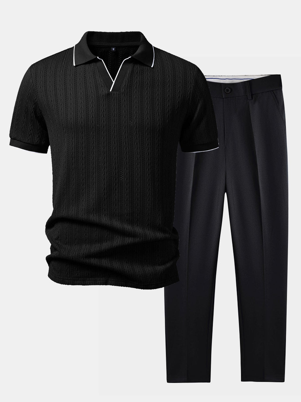 Set – elegantní geometrický jacquard polo a slim kalhoty