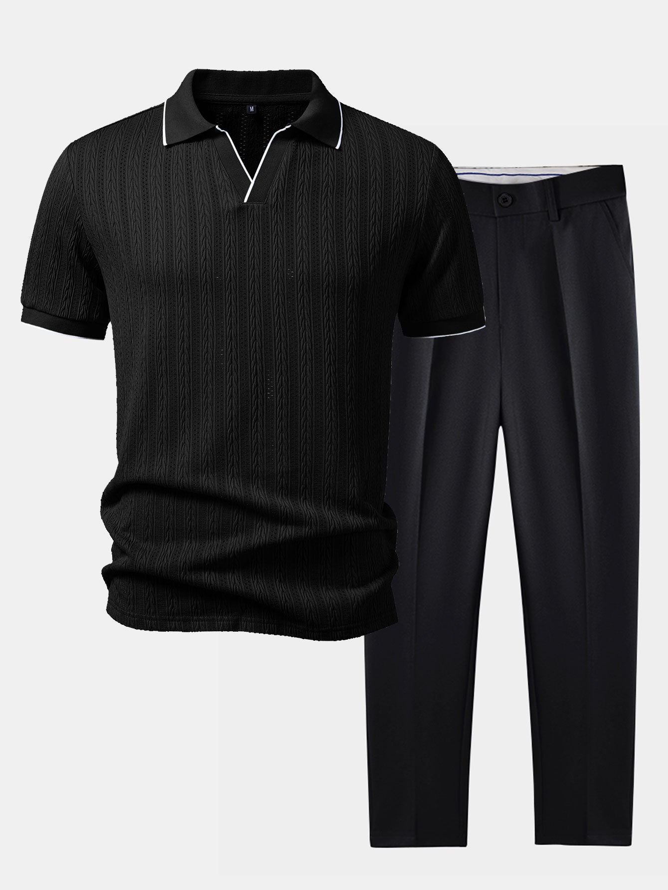 Set – elegantní geometrický jacquard polo a slim kalhoty
