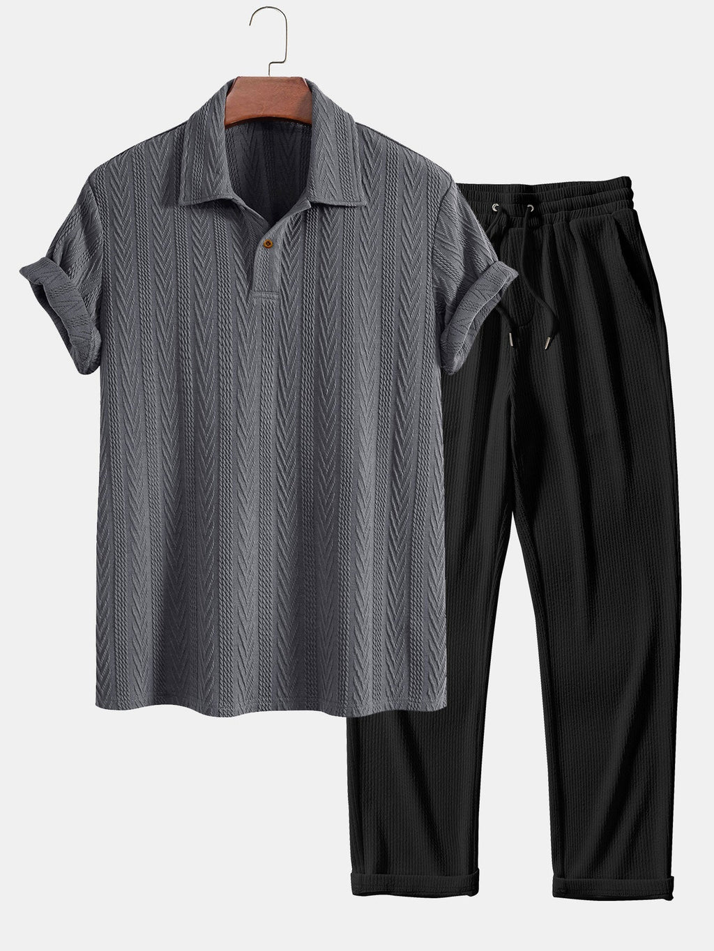 Set – jacquard polo s krátkým rukávem a rovné kalhoty